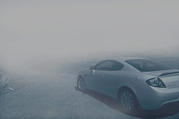 stříbrné kupé, zaparkováno, mlha, pole, auto, vozidlo, přeprava, silnice, cestovat, dobrodružství, pozemního vozidla