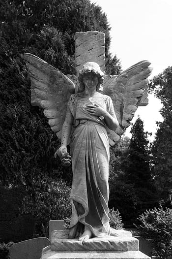 angel, death, grave, wing, sculpture, statue, cemetery, mourning, figure, dark, black
