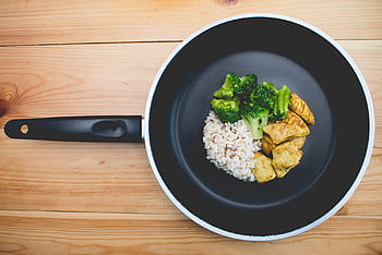frying pan, food, kitchen, cooking, chef, rice, broccoli, vegetables, chicken