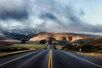 dark, clouds, road, california, highway, mountains, landscape, scenic, rural, hills, trees