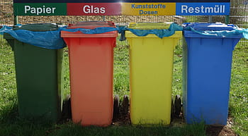 four, assorted-color plastic, organized, garbage bins, waste separation, mülltonnen, recycling, garbage, ton of plastic, waste, blue