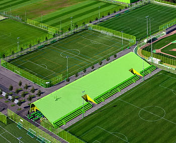 několik fotbalových hřišť, zelená, pole, sport, místo, hra, turnaj, plot, letecký, Pohled, strom