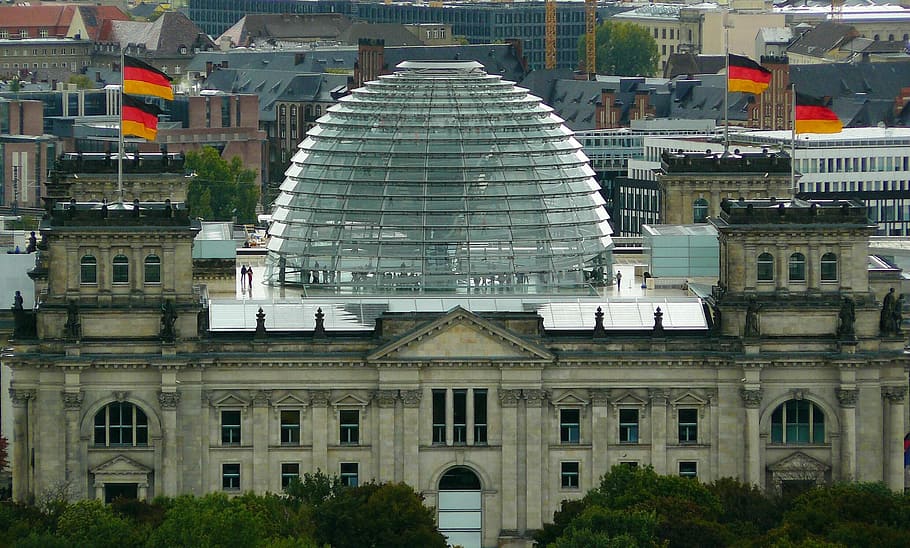 pták, Foto pohled, kupole reichstagu, Berlín, reichstag, vláda, skleněná kopule, budova, architektura, sklenka, Německo vlajka