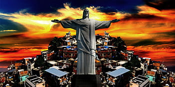Kristus vykupitel ilustrace, Rio de Janeiro, Kristus, favela, kopec, karioka, corcovado, západ slunce, nebe