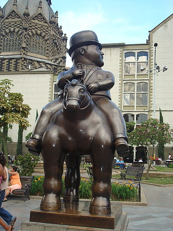 man, riding, horse statue, Medellín, Colombia, Botero, Statue, sculpture, artwork, design, metal