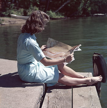 donna, seduta, di legno, bacino, detenzione, rivista, rive, lettura, persone, ragazza, rilassare