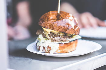 pesta teman, buatan sendiri, segar, hamburger, teman, pesta, bacon, burger, makan malam, makan, makanan