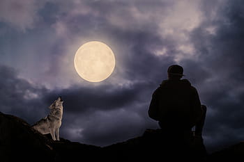 silhouette, man, sitting, mountain, nighttime, full moon, moonlight, wolf, predator, howl, rock