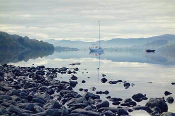 bateau, rivière, blanc, ciel, corps, eau, Lac, navire, voile, roches, des arbres