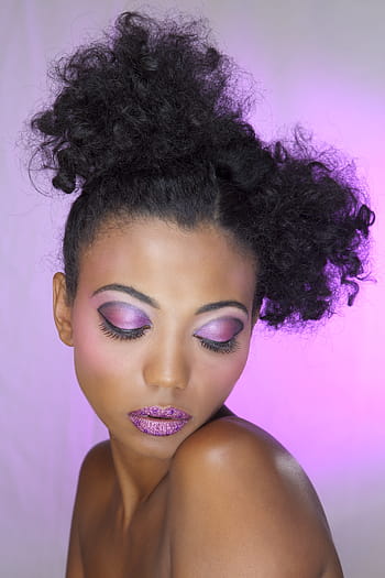 closeup, woman, applied, purple, lipstick, portrait, fashion, afro, women, curly, glamour