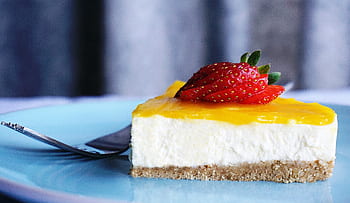 ostekage, dessert, mad, citron cheesecake, citron, jordbær, frugt, velsmagende, gaffel, plade