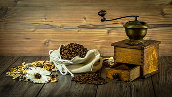 Kávová zrna, bruska, horní, stůl, káva, obilná káva, stálý život, obilí, hnědý, květiny, Taška