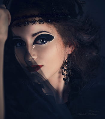 woman, wearing, black, top, makeu, girl, veil, halloween, vintage, eyes, the witch