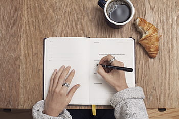 journal, notepad, notebook, pen, writing, hands, office, desk, business, working, coffee
