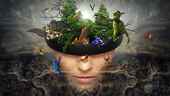 osoby čelí vázu, zelená, listový strom, uvnitř, 3d, tapeta na zeď, fantazie, portrét, pohádkový svět, nadreálný, vykořenit