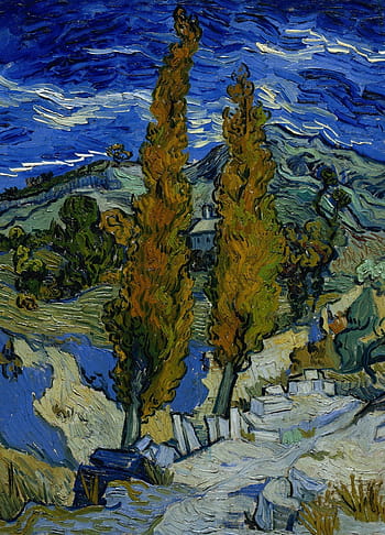stromy, hora, tělo, malování vodou, Vincent van Gogh, krajina, malování, umění, umělecký, olej na plátně, nebe