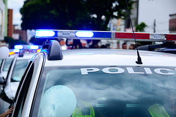zapnutý policejní maják, auto, policejní auta, obytný vůz, sirény, Červené, modrý, světla, tapeta na zeď, městský, město