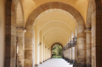 hallway, leading, forest, Leipzig, Southern Cemetery, Columnar, arcade, archway, crematorium, architecture, arch