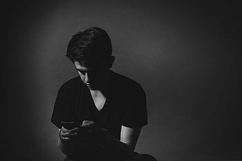 chlap, muž, psaní, lidé, Černý a bílý, mobilní, pohybliví, chytrý telefon, smutný