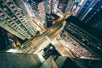 top, view, concrete, buildings, nighttime, architecture, city, downtown, night, road, street