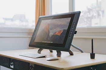 turned-on apple monitor, black, flat, screen, monitor, top, brown, table, computer, keyboard, electronics