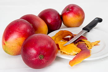 five, red, mangoes, white, plate, peeled, mango, knife, tropical fruit, juicy, sweet