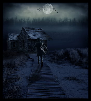 moon, night, man, dark, evil, birds, trees, moonlight, midnight, witch, mysterious