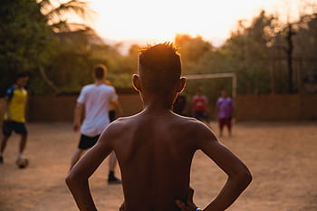 boy, watching, soccer game, people, playing, game, ball, sport, back, boys, sunset