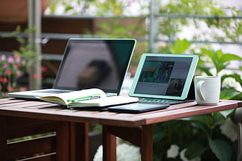 biały, komputer typu tablet, klawiatura komputerowa, stół, kubek, notatnik, ipad, lanca, praca, tablet, mobilny