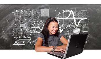 woman, using, laptop computer, learn, school, student, mathematics, physics, education, board, pi