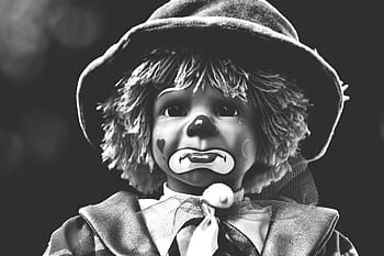 doll, clown, sad, black and white, sweet, funny, toys, children, cute