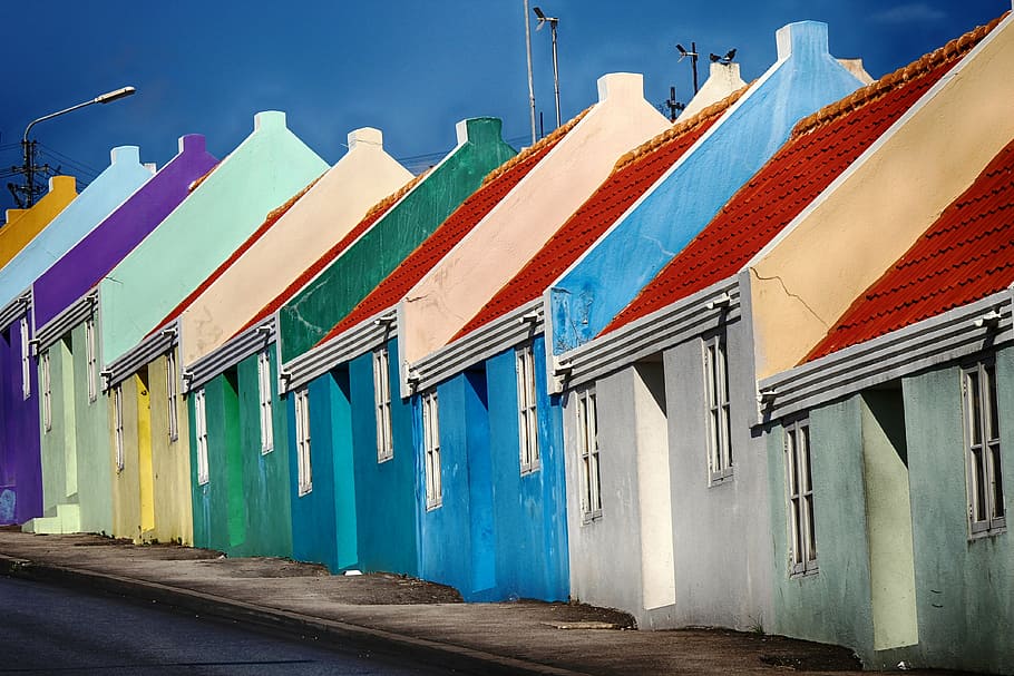 assorted-color, houses, curacao, cottage, colored, in a row, multi colored, travel destinations, outdoors, blue, awning