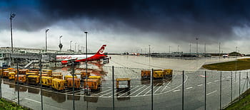 Pista d'atterraggio, buio, nuvoloso, cielo, aeroporto di Monaco, airberlin, airbus, aereo, partenza, aviazione, turbina