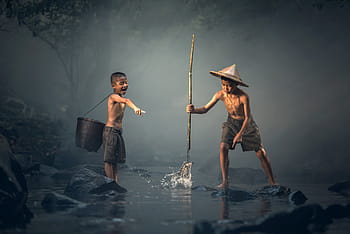 two, boy, playing, water, children, fishing, the activity, asia, background, prey, boys