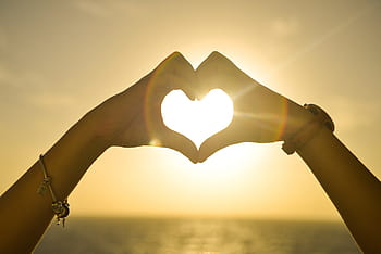 silhouette heart, human, hand sign, ray, sun, heart, sunset, hands, love, romantic, shape