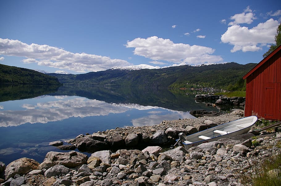 norway, holiday, fish, landscape, water, fjord, boot, boat shed, nature, waters, stone