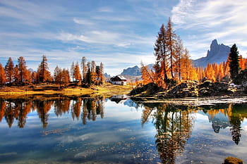 krajinářské fotografie, jezero, odlévání, odraz, hnědý, skály, listy stromů, bílý, Dům, dolomity, hory