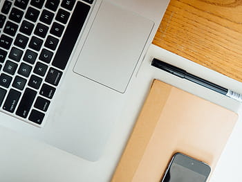 macbook, vedle, Černá, pero, pro, u, propiska, hnědý, dřevěný, stůl, kancelář