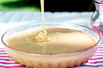 condensed, milk, pouring, clear, glass bowl, milk maid, sweetened condensed milk, sugar milk, cream, shell, tough