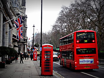 rosso, Doppio, autobus di coperta, cabina telefonica, strada, Londra, Telefono, cabina, autobus rosso, autobus a due piani, Londra, Inghilterra