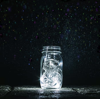 clear, mason jar, black, surface, jar, lights, fireflies, magic, night