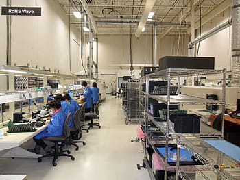 people, working, inside, laboratory building, production, floor, manufacturing, electronic, progressive, line, rohs