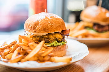 francés, papas fritas, delicioso, fresco, hamburguesa, tocino, cena, comer, comida, foodie, hambriento