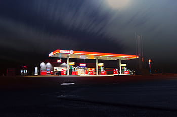 fotografie, benzínová stanice, temný, noc, plnicí, plyn, stanice, palivo, svítí, čerpací stanice, tankování