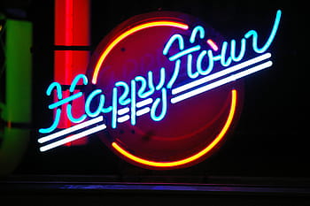 modrý, žlutá, bílý, šťastný, hodiny neonový nápis, šťastná hodinka, neon, LED světlo, značení, neonové písmo, reklama