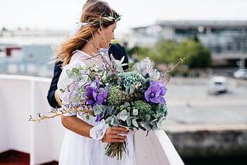 bride, holding, bouquet, purple, white, flowers, daytime, woman, flower, people, wedding