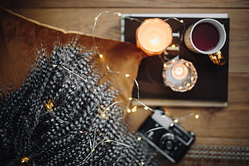 kamera, mug, teh, buku, Tua, vintage, fotografi, hygge, analog, lampu peri, kuno