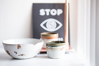 runden, Weiß, braun, Keramik, Schüssel, Oberfläche, neben, Tasse, Glas, Anzeige, Zeichen