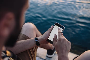 モバイル、 電話、 男、 手、 海、 携帯電話、 白人、 夏、 水、 技術、 テクノロジー