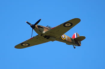 zelená, vrtulové letadlo, létající, střední, vzduch, hurikán, bojovník, raf, ww2, letoun, válka
